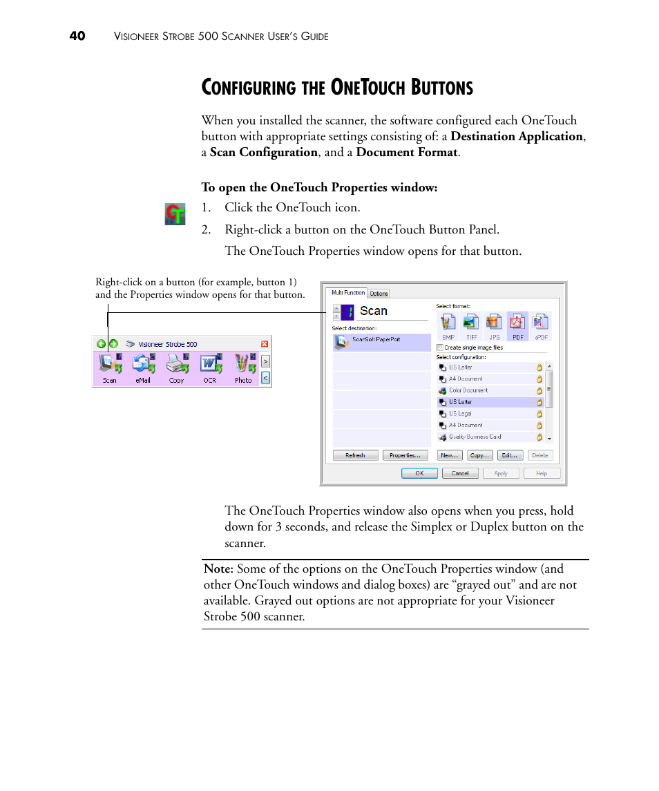 Configuring the onetouch buttons, Onfiguring, Ouch | Uttons | Visioneer STROBE 500 User Manual | Page 47 / 122