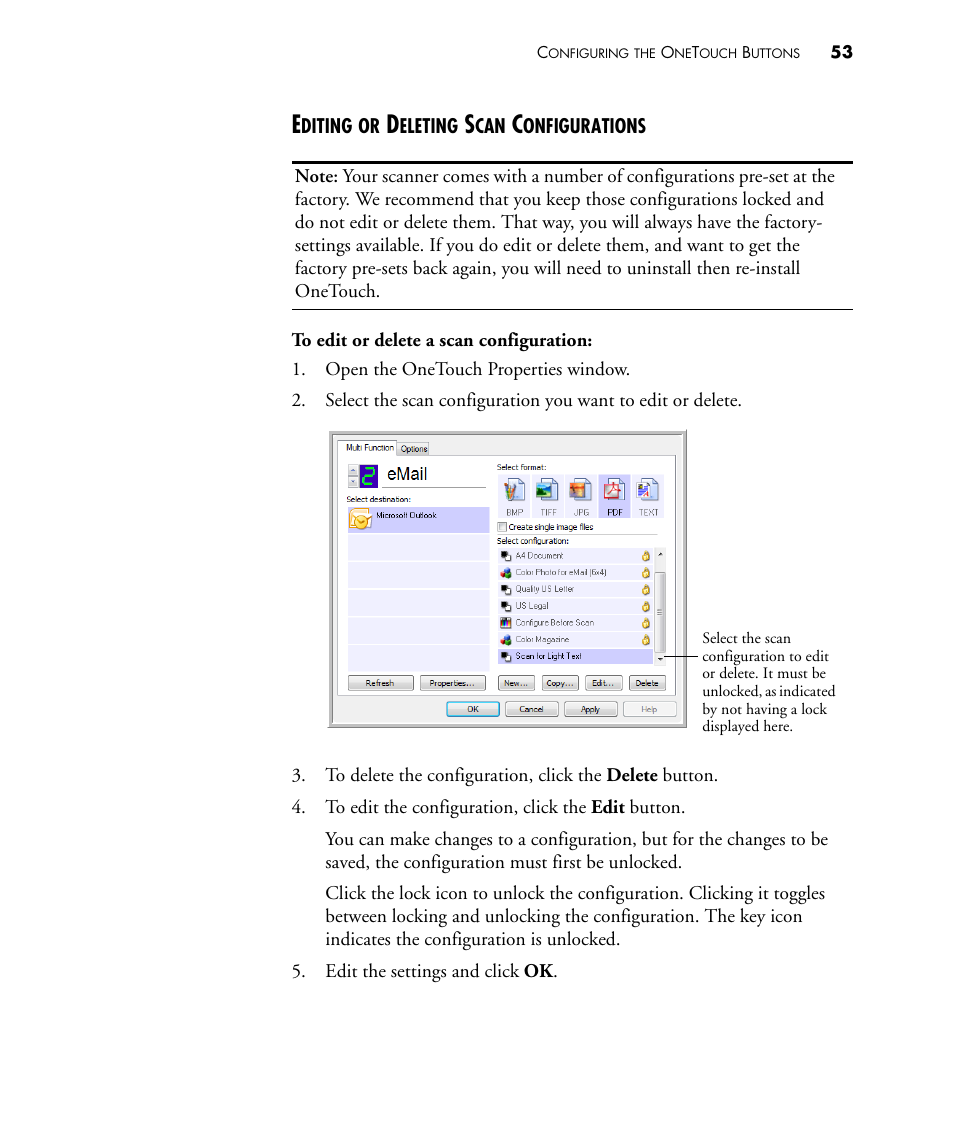 Editing or deleting scan configurations | Visioneer STROBE 500 User Manual | Page 60 / 122