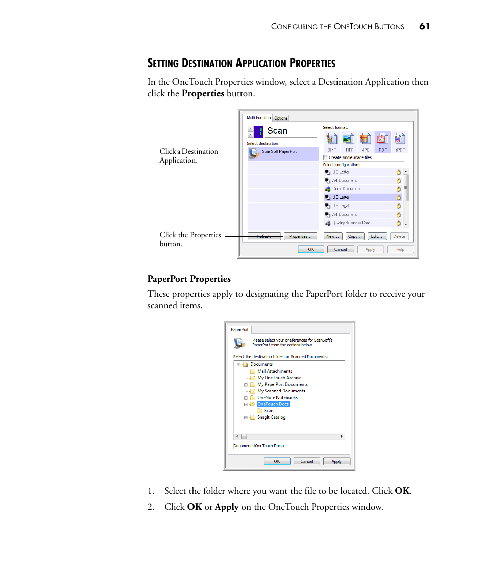 Setting destination application properties | Visioneer STROBE 500 User Manual | Page 68 / 122