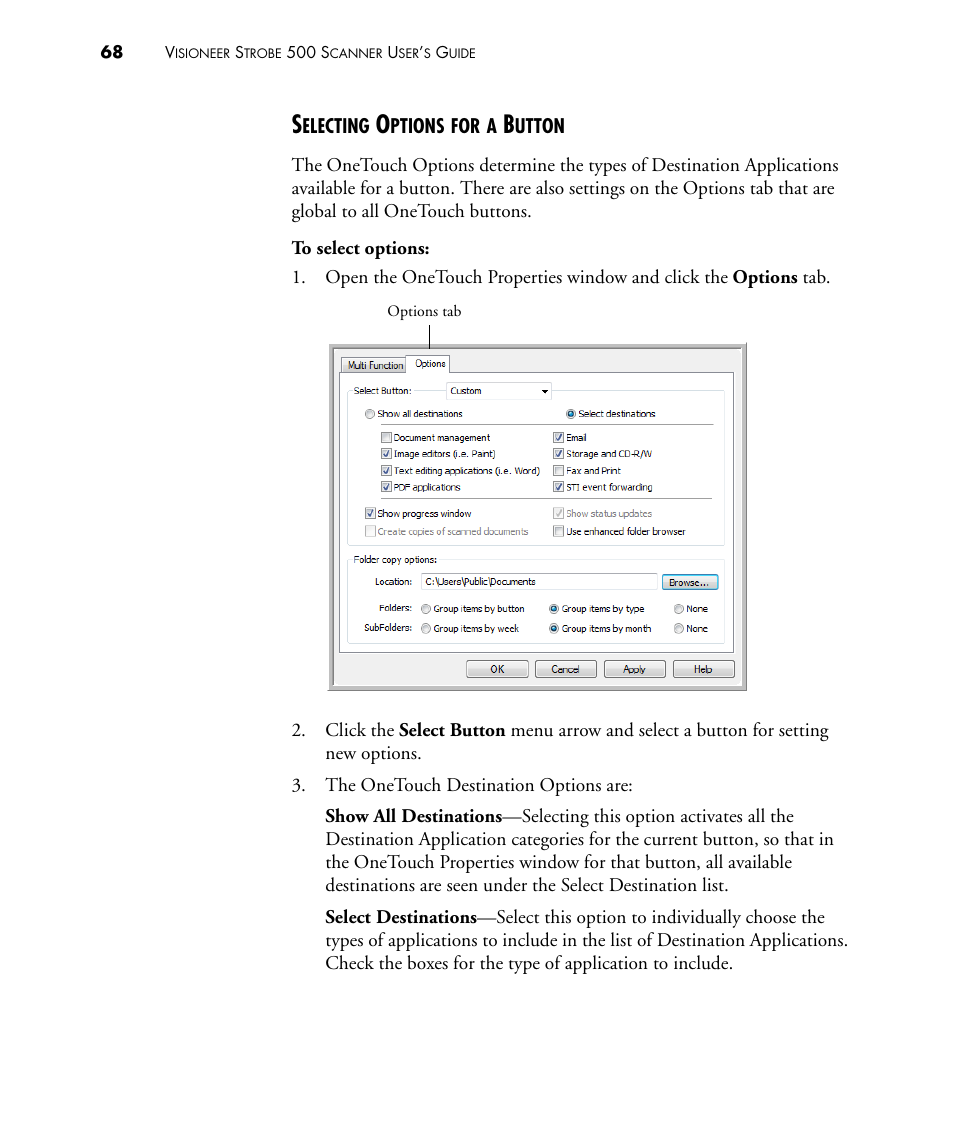 Selecting options for a button | Visioneer STROBE 500 User Manual | Page 75 / 122