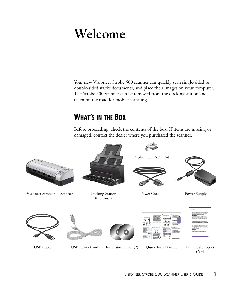 Welcome, What’s in the box | Visioneer STROBE 500 User Manual | Page 8 / 122