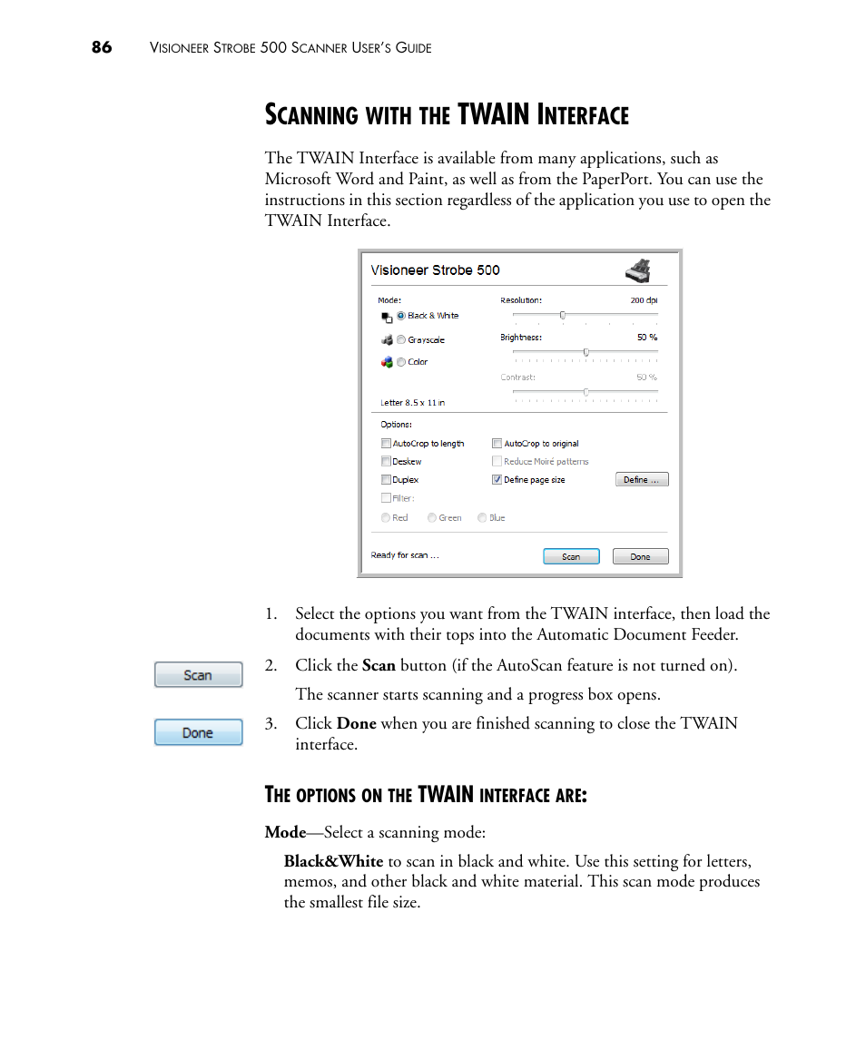 Scanning with the twain interface, The options on the twain interface are, Twain i | Canning, With, Nterface, Twain | Visioneer STROBE 500 User Manual | Page 93 / 122