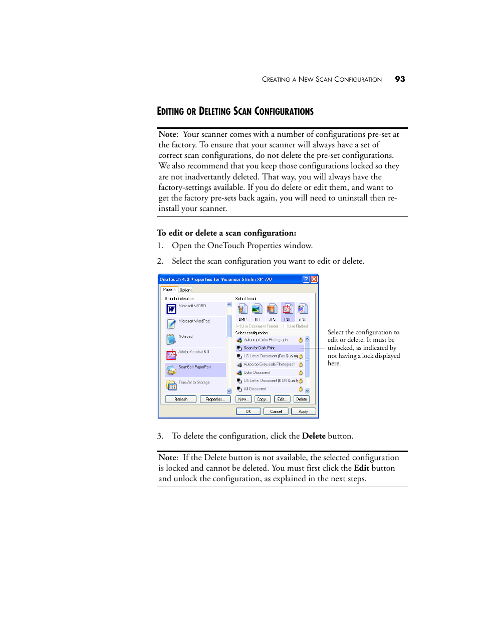 Editing or deleting scan configurations | Visioneer XP220 User Manual | Page 100 / 172