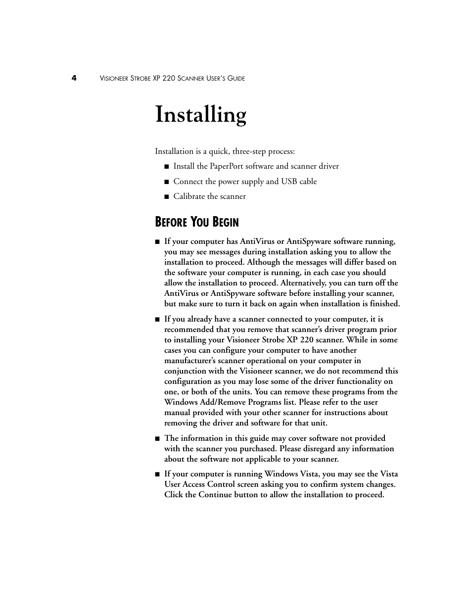 Installing, Before you begin, Efore | Egin | Visioneer XP220 User Manual | Page 11 / 172