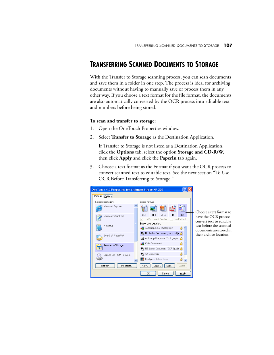 Transferring scanned documents to storage, Ransferring, Canned | Ocuments, Torage | Visioneer XP220 User Manual | Page 114 / 172
