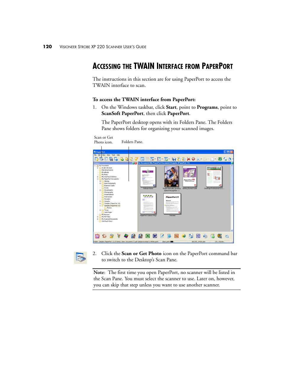 Accessing the twain interface from paperport, Twain i, Ccessing | Nterface, From, Aper | Visioneer XP220 User Manual | Page 127 / 172