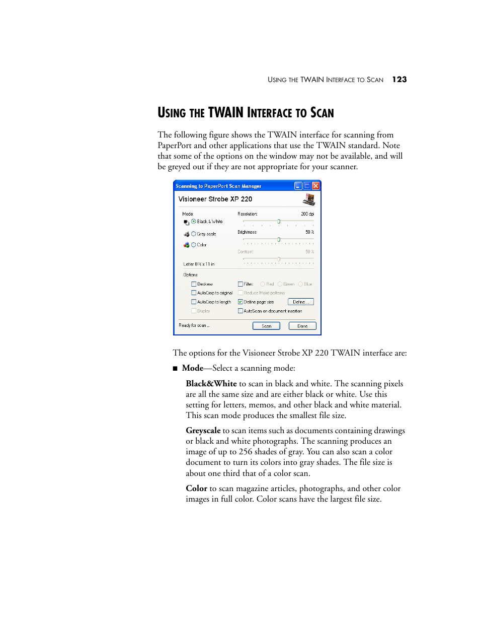 Using the twain interface to scan, Twain i, Sing | Nterface | Visioneer XP220 User Manual | Page 130 / 172