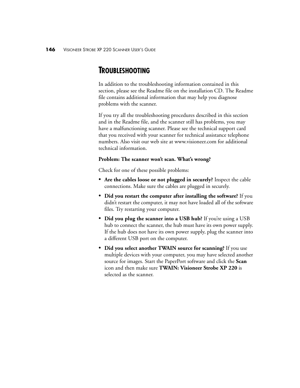 Troubleshooting, Roubleshooting | Visioneer XP220 User Manual | Page 153 / 172