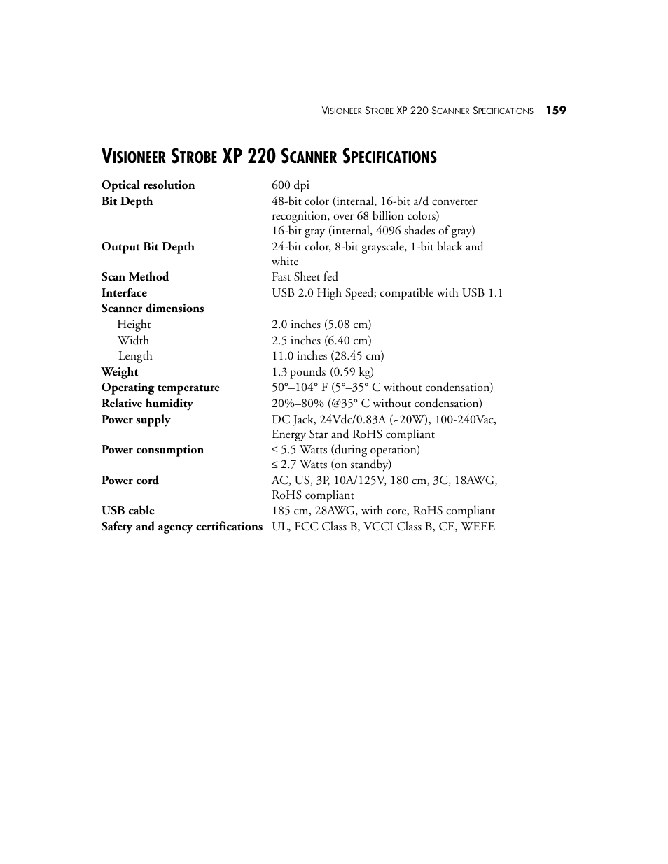Visioneer strobe xp 220 scanner specifications, Xp 220 s, Isioneer | Trobe, Canner, Pecifications | Visioneer XP220 User Manual | Page 166 / 172