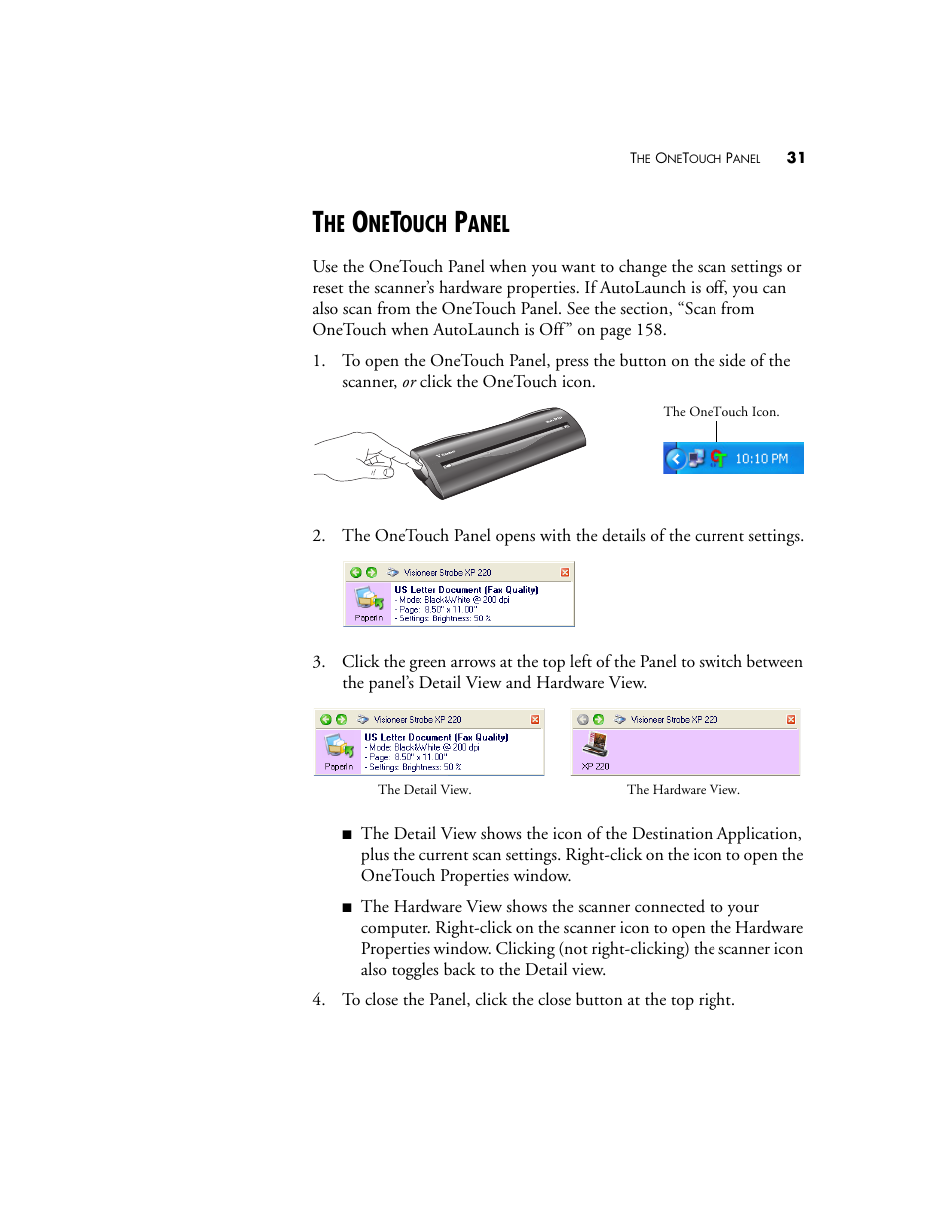 The onetouch panel, Ouch, Anel | Visioneer XP220 User Manual | Page 38 / 172