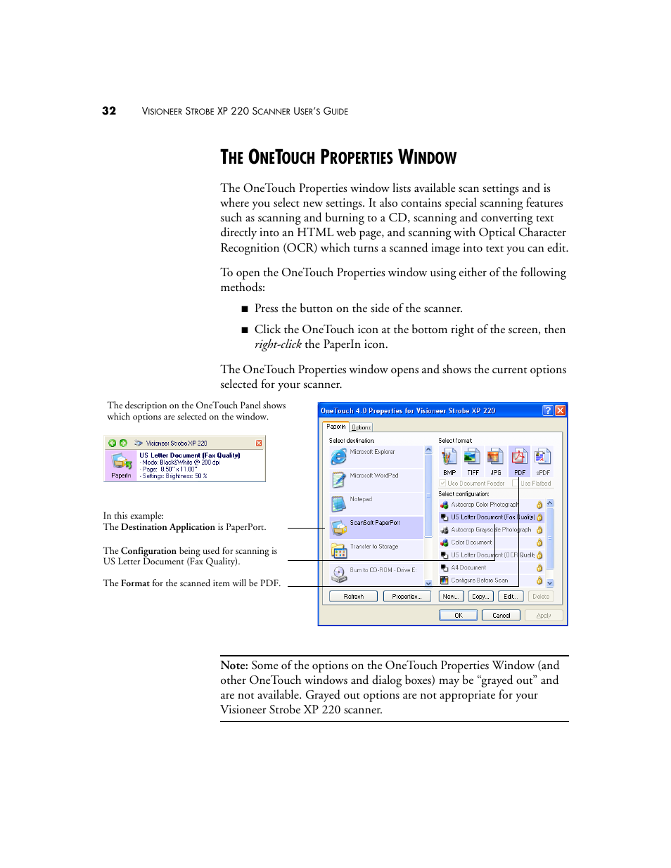 The onetouch properties window, Ouch, Roperties | Indow | Visioneer XP220 User Manual | Page 39 / 172