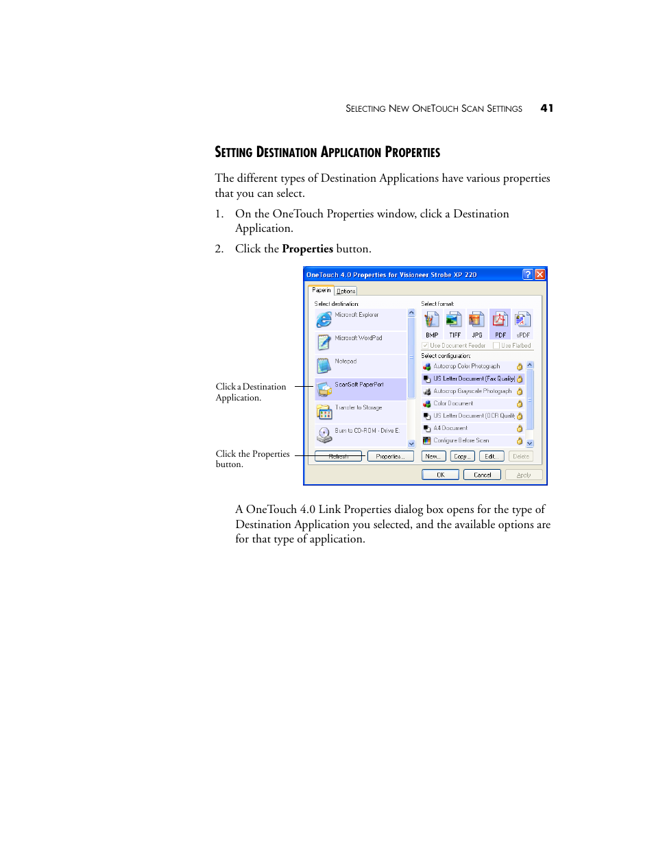 Setting destination application properties | Visioneer XP220 User Manual | Page 48 / 172