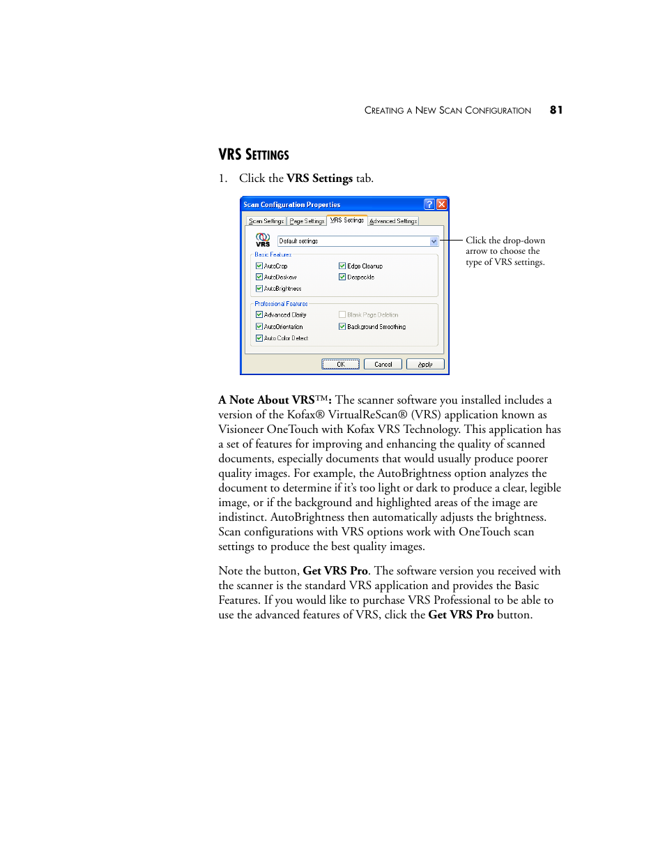 Vrs settings, Vrs s | Visioneer XP220 User Manual | Page 88 / 172