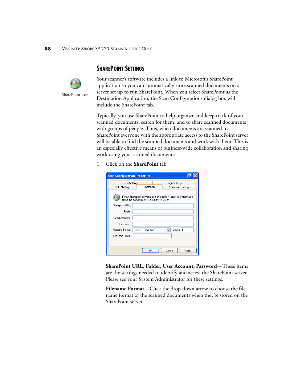 Sharepoint settings | Visioneer XP220 User Manual | Page 95 / 172