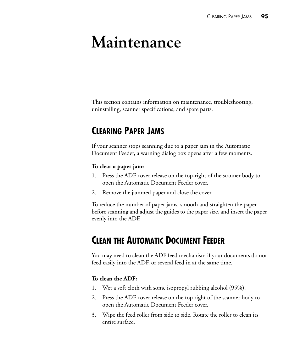 Maintenance, Clearing paper jams, Clean the automatic document feeder | Visioneer PATRIOT 480 User Manual | Page 100 / 114