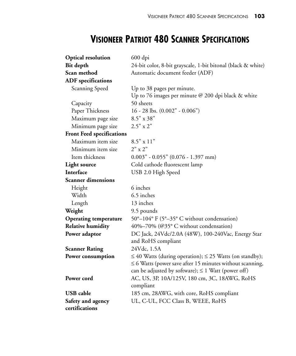 Visioneer patriot 480 scanner specifications, 480 s, Isioneer | Atriot, Canner, Pecifications | Visioneer PATRIOT 480 User Manual | Page 108 / 114