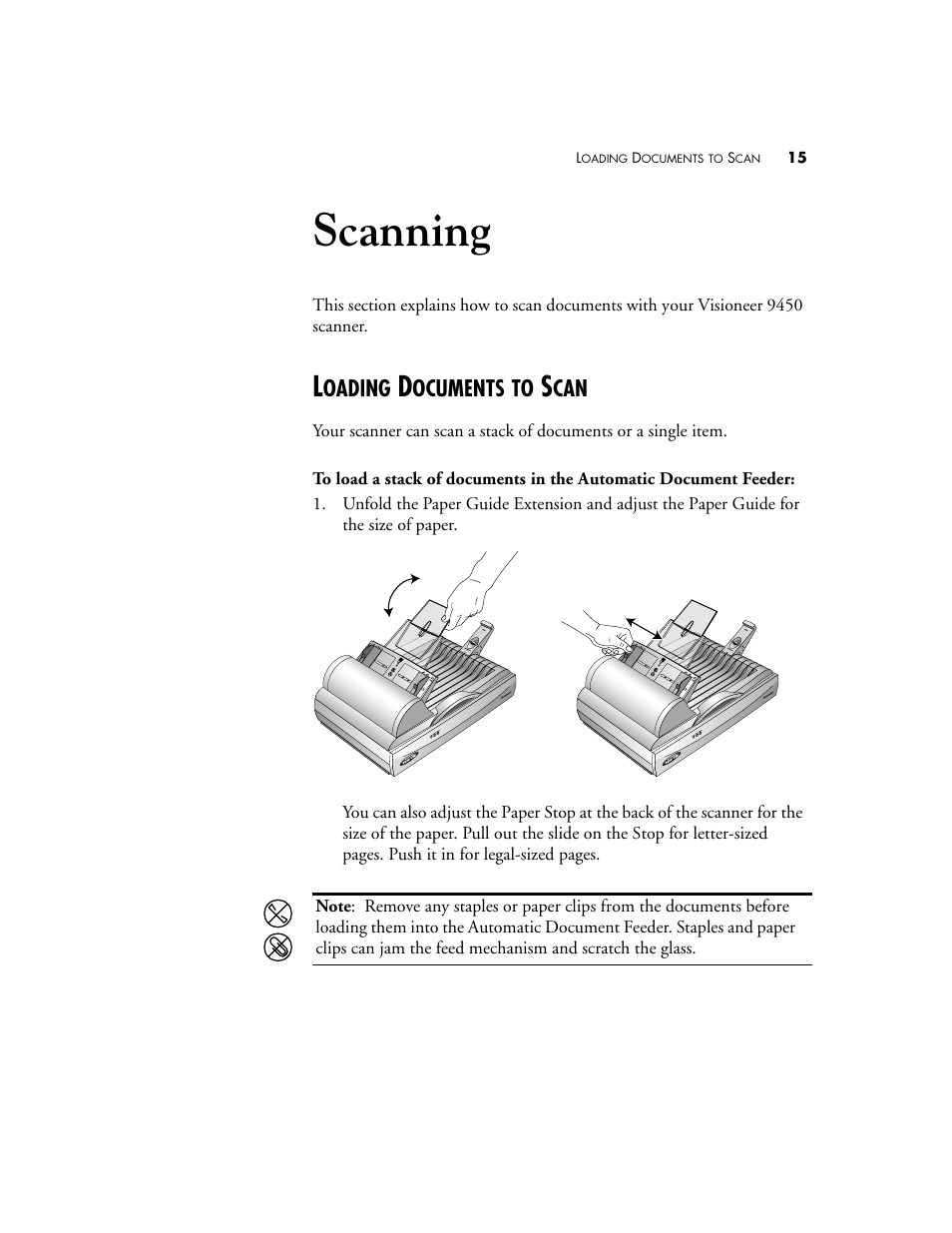 Loading documents to scan, Scanning | Visioneer 9450 User Manual | Page 19 / 58