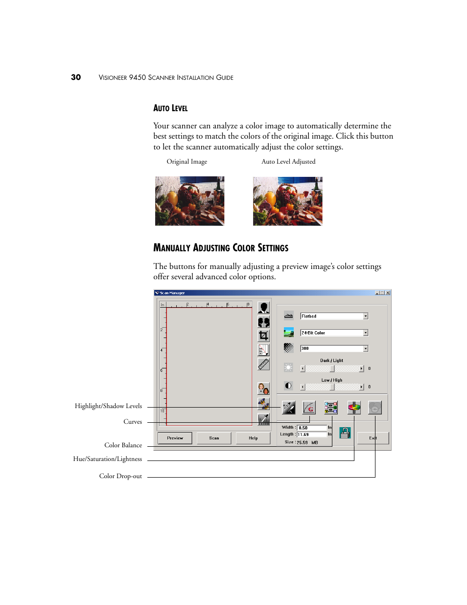 Manually adjusting color settings | Visioneer 9450 User Manual | Page 34 / 58