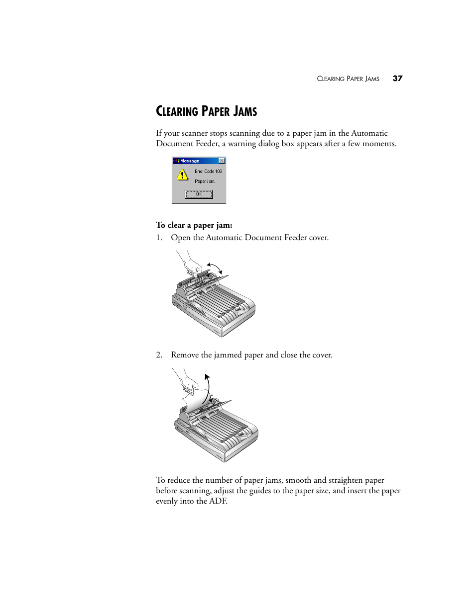 Clearing paper jams, Learing, Aper | Visioneer 9450 User Manual | Page 41 / 58