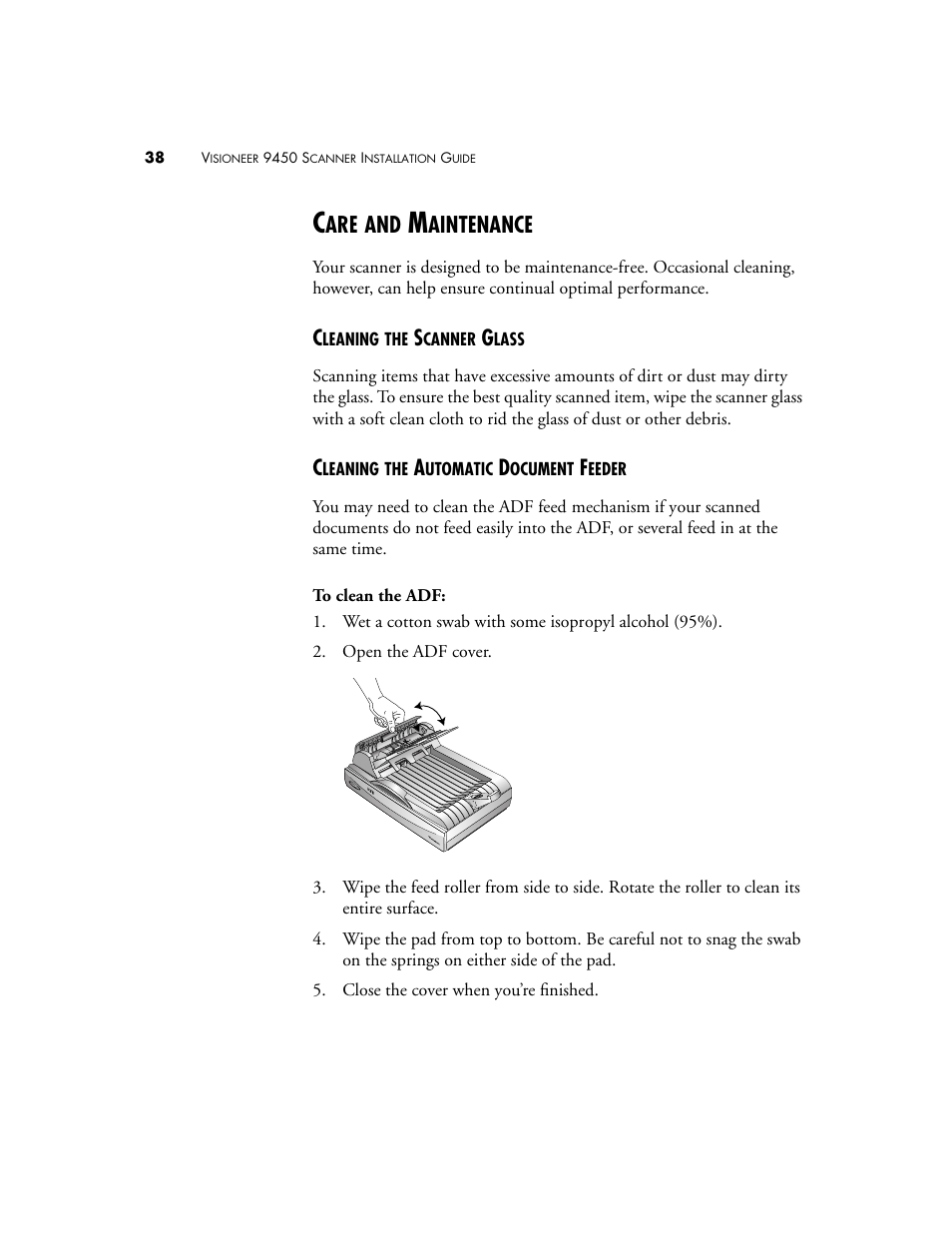 Care and maintenance, Cleaning the scanner glass, Cleaning the automatic document feeder | Aintenance | Visioneer 9450 User Manual | Page 42 / 58