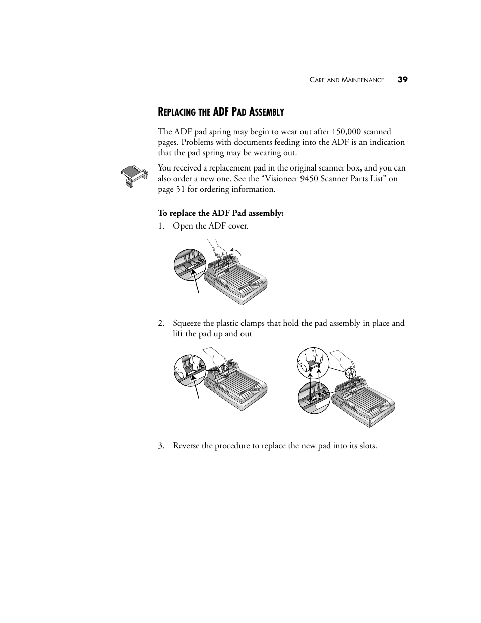 Replacing the adf pad assembly, Adf p | Visioneer 9450 User Manual | Page 43 / 58