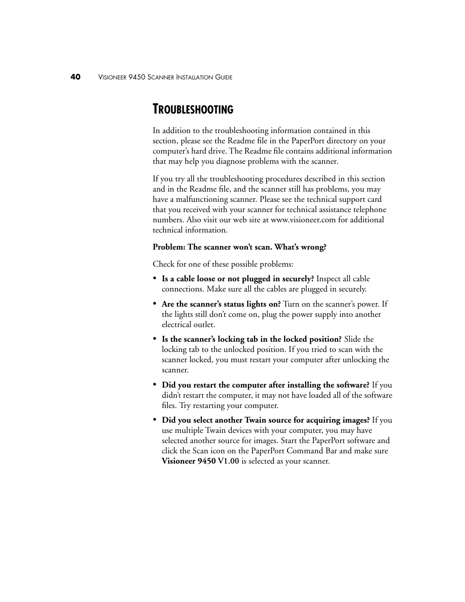 Troubleshooting, Roubleshooting | Visioneer 9450 User Manual | Page 44 / 58