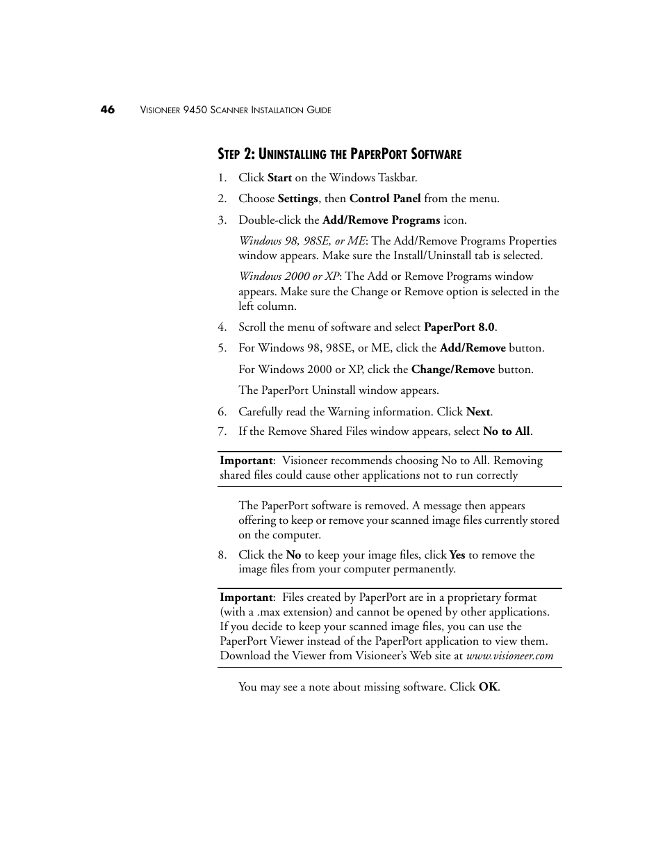 Step 2: uninstalling the paperport software | Visioneer 9450 User Manual | Page 50 / 58