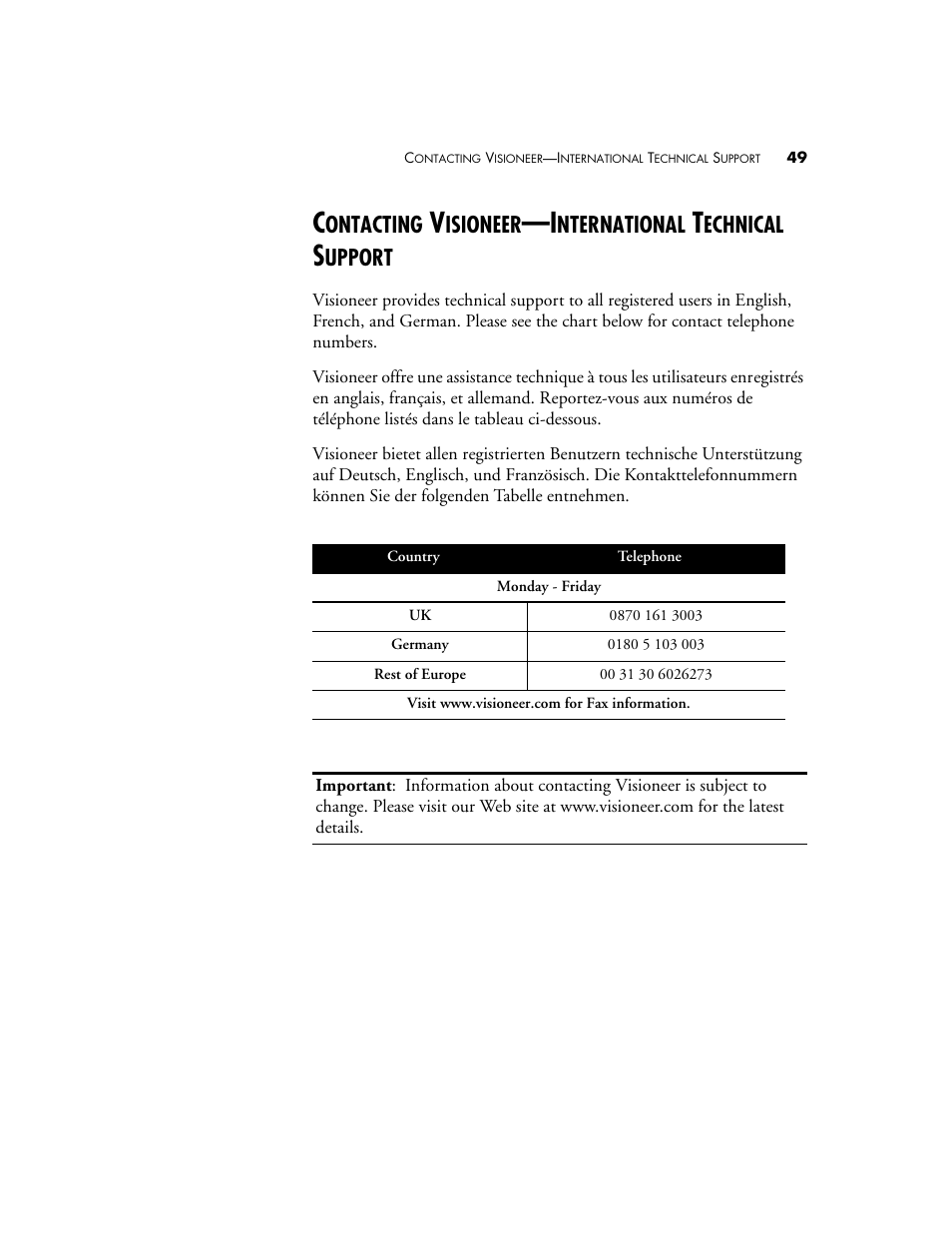 Ontacting, Isioneer, Nternational | Echnical, Upport | Visioneer 9450 User Manual | Page 53 / 58