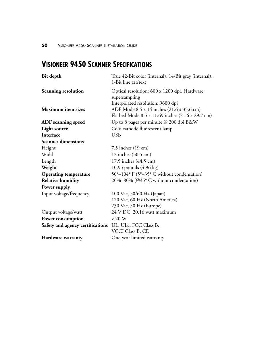 Visioneer 9450 scanner specifications, 9450 s, Isioneer | Canner, Pecifications | Visioneer 9450 User Manual | Page 54 / 58
