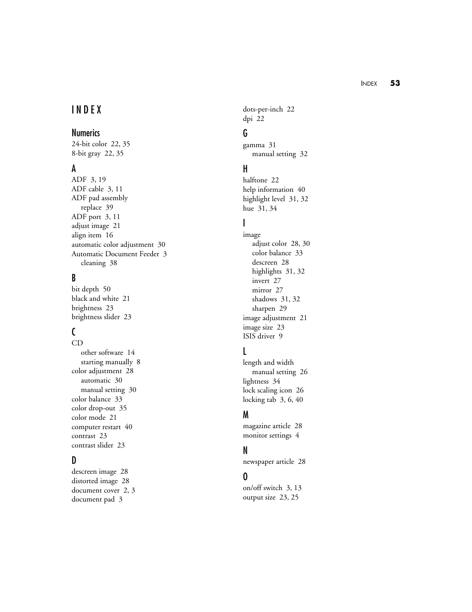 Index, Numerics | Visioneer 9450 User Manual | Page 57 / 58