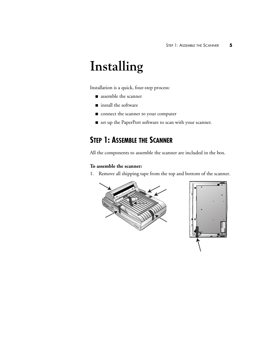Step 1: assemble the scanner, Installing, Ssemble | Canner | Visioneer 9450 User Manual | Page 9 / 58