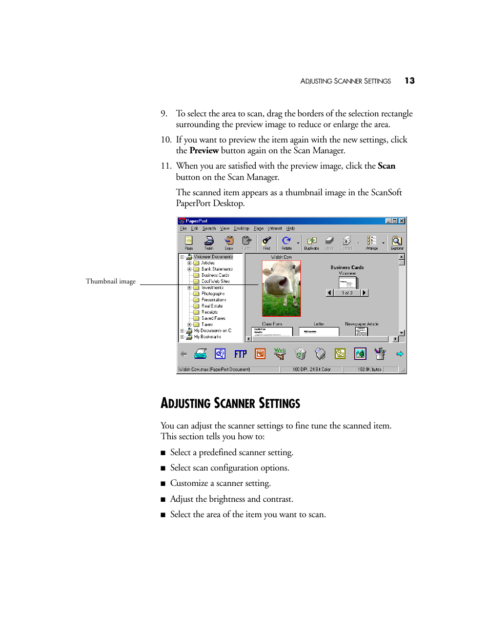 Adjusting scanner settings, Djusting, Canner | Ettings | Visioneer 4800 USB User Manual | Page 13 / 21