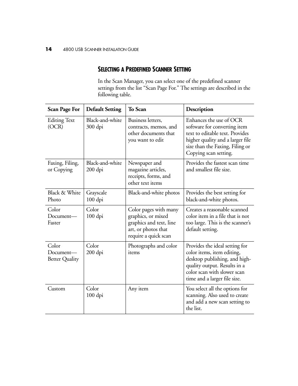 Selecting a predefined scanner setting | Visioneer 4800 USB User Manual | Page 14 / 21