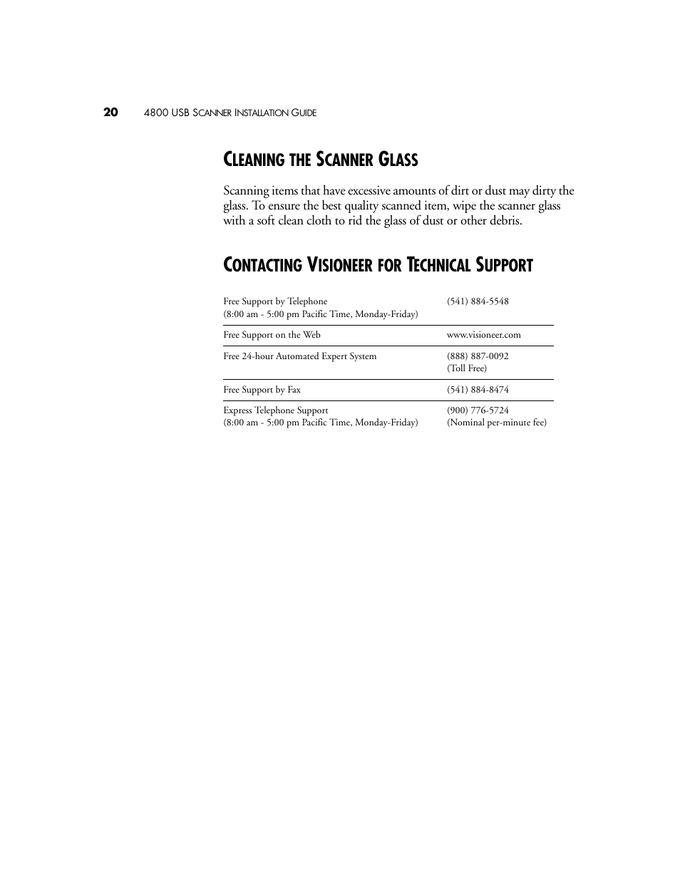 Cleaning the scanner glass, Contacting visioneer for technical support | Visioneer 4800 USB User Manual | Page 20 / 21