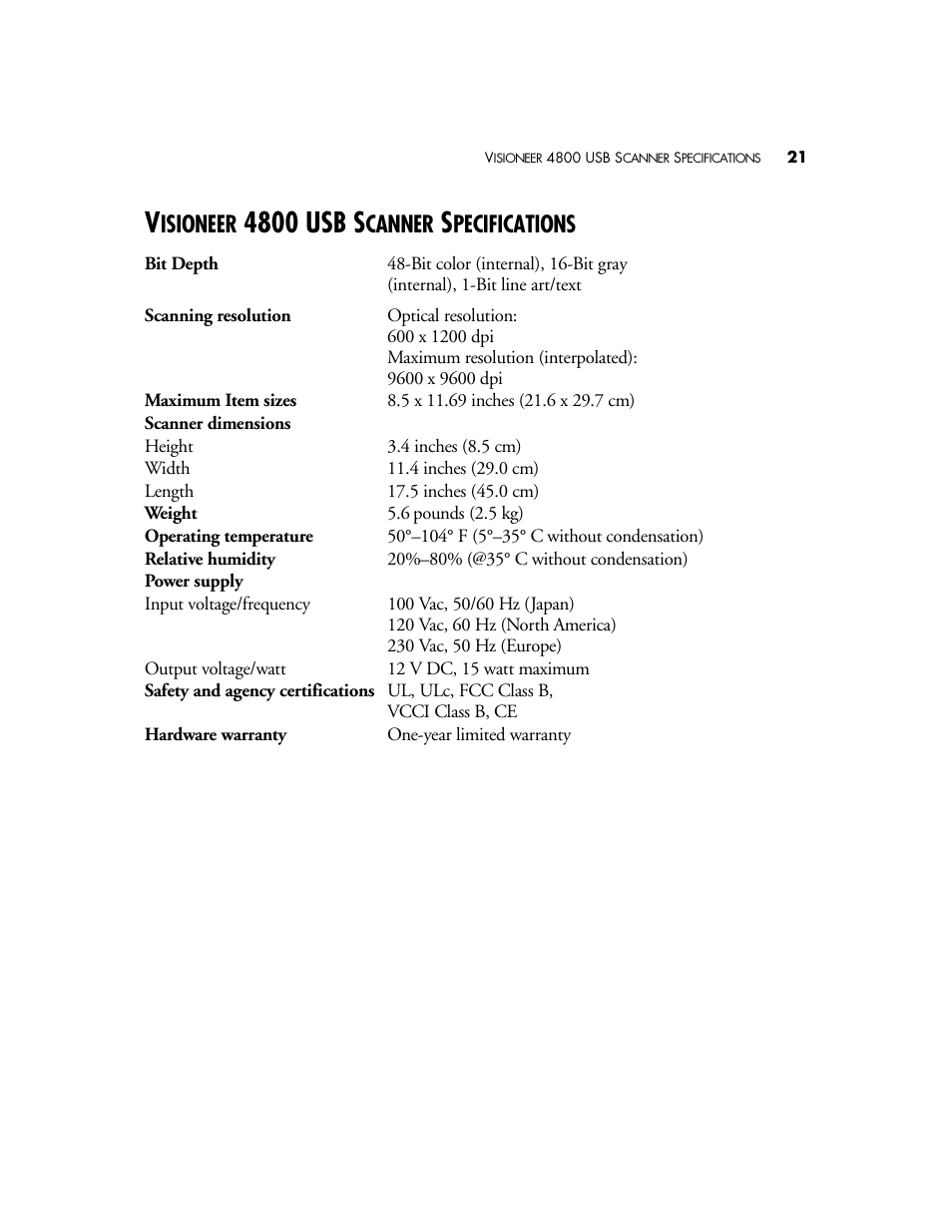Visioneer 4800 usb scanner specifications, 4800 usb s, Isioneer | Canner, Pecifications | Visioneer 4800 USB User Manual | Page 21 / 21