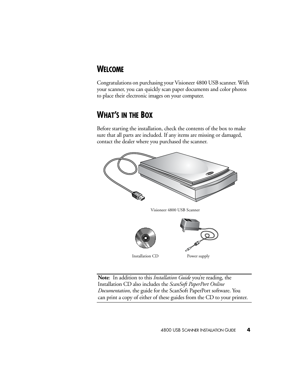 Welcome, What’s in the box | Visioneer 4800 USB User Manual | Page 4 / 21