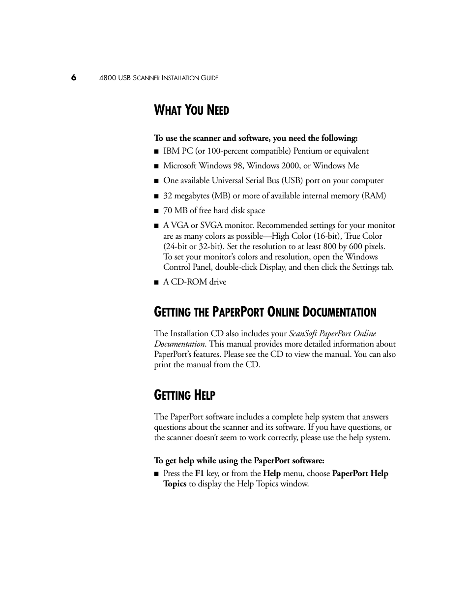 What you need, Getting the paperport online documentation, Getting help | Visioneer 4800 USB User Manual | Page 6 / 21