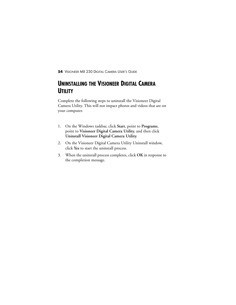 Uninstalling the visioneer digital camera utility | Visioneer MX 230 User Manual | Page 60 / 68