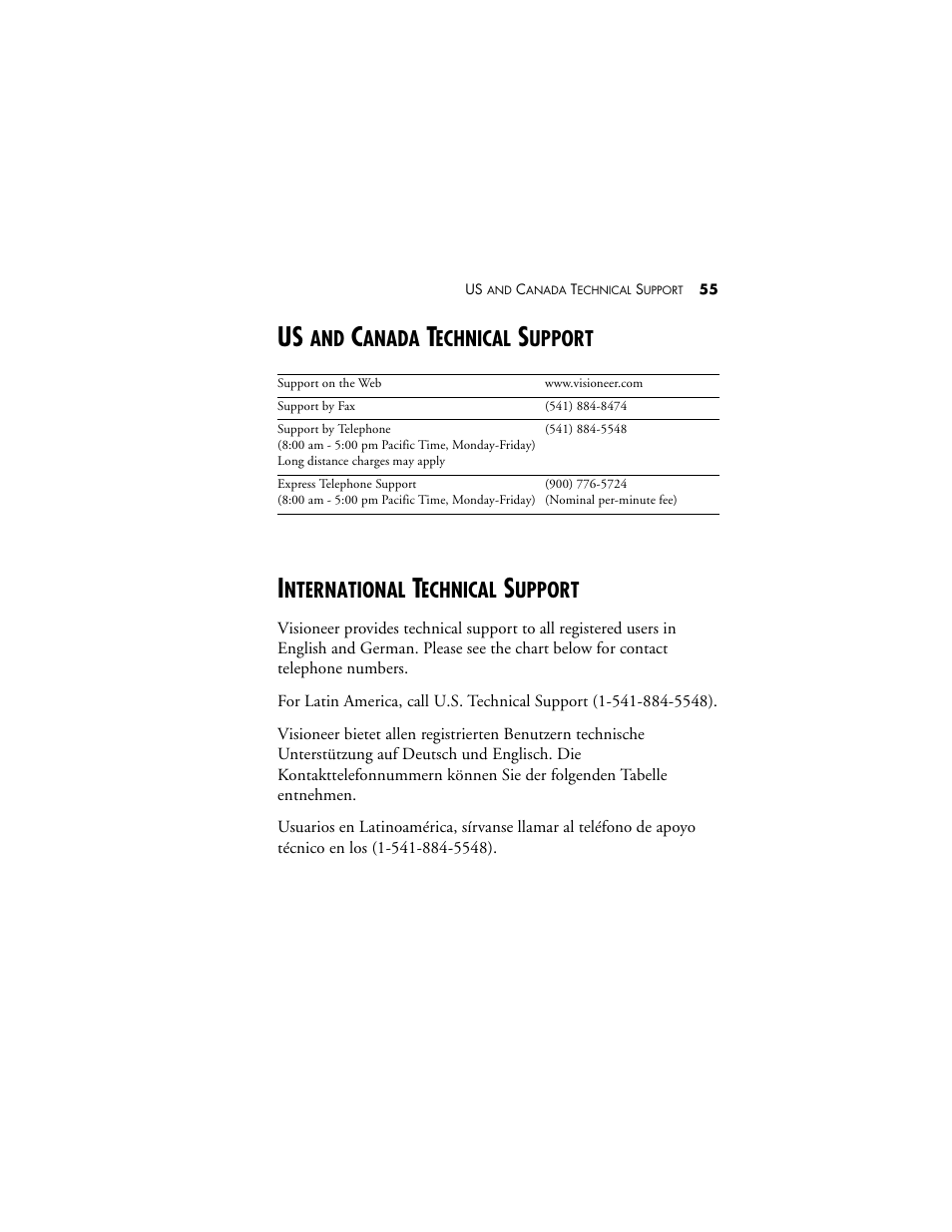 Us and canada technical support, International technical support | Visioneer MX 230 User Manual | Page 61 / 68