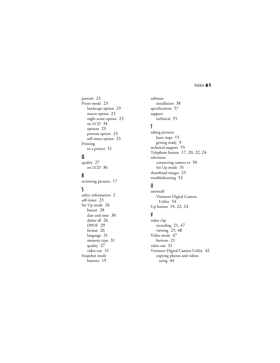 Q - v | Visioneer MX 230 User Manual | Page 67 / 68
