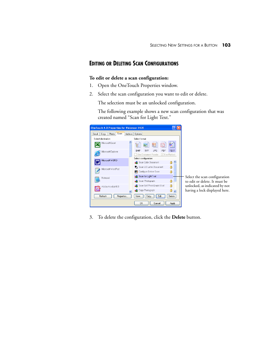 Editing or deleting scan configurations | Visioneer One Touch 9420 User Manual | Page 110 / 154