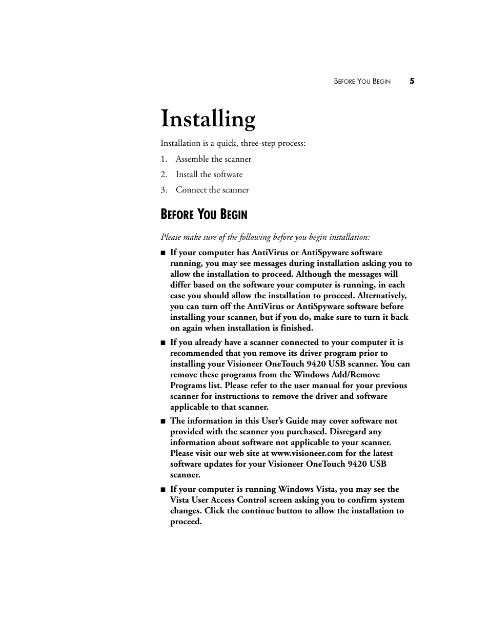 Installing, Before you begin, Efore | Egin | Visioneer One Touch 9420 User Manual | Page 12 / 154