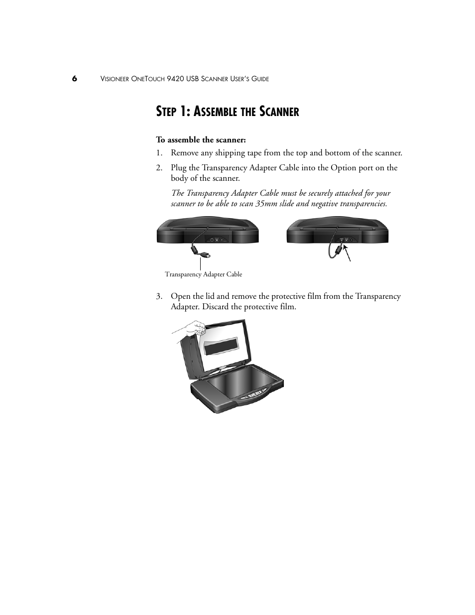 Step 1: assemble the scanner, Ssemble, Canner | Visioneer One Touch 9420 User Manual | Page 13 / 154