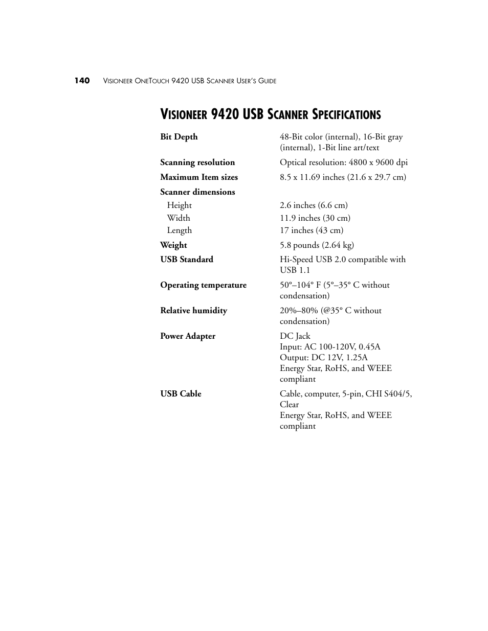 Visioneer 9420 usb scanner specifications, 9420 usb s, Isioneer | Canner, Pecifications | Visioneer One Touch 9420 User Manual | Page 147 / 154
