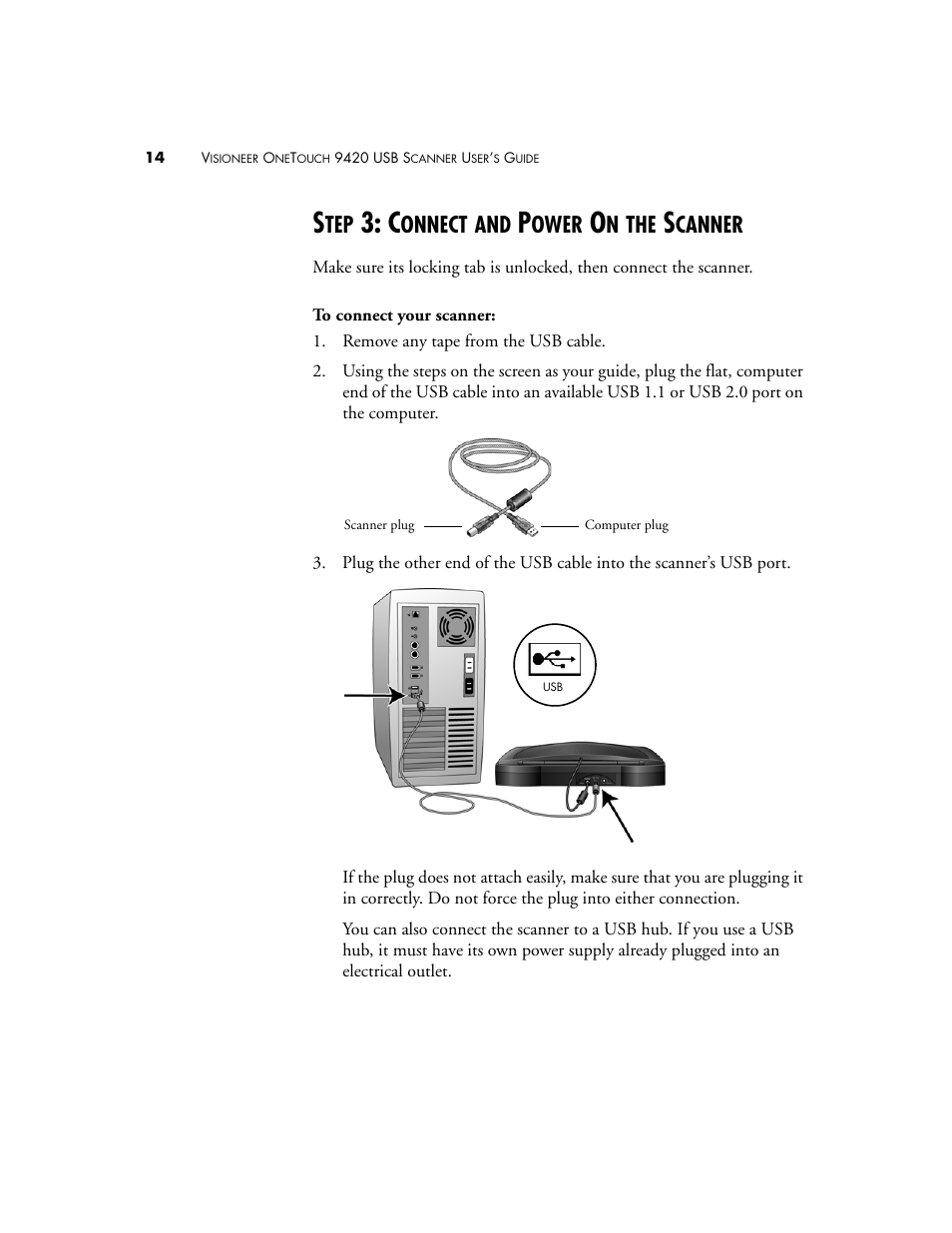 Step 3: connect and power on the scanner, Onnect, Ower | Canner | Visioneer One Touch 9420 User Manual | Page 21 / 154