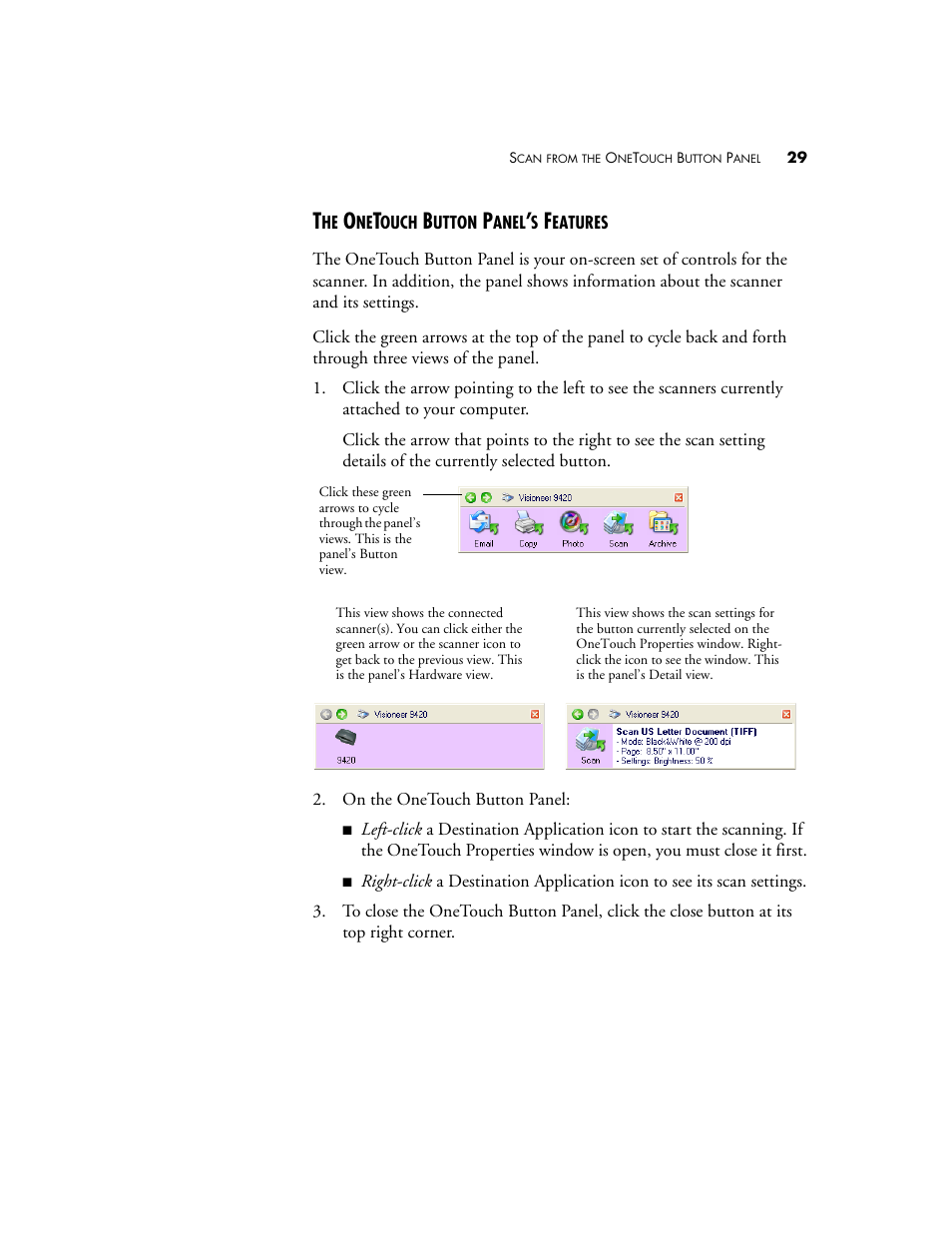 The onetouch button panel’s features | Visioneer One Touch 9420 User Manual | Page 36 / 154