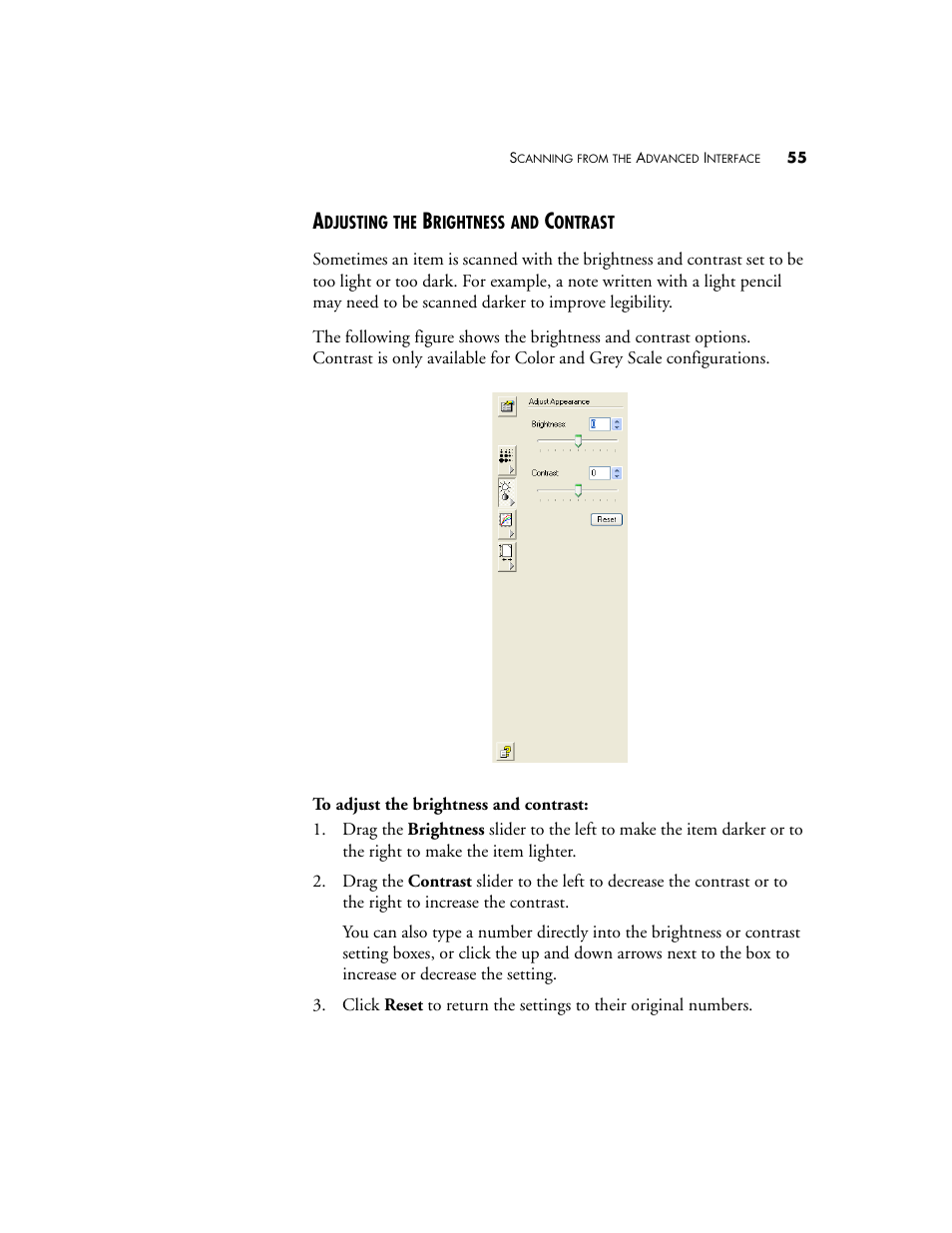 Adjusting the brightness and contrast | Visioneer One Touch 9420 User Manual | Page 62 / 154