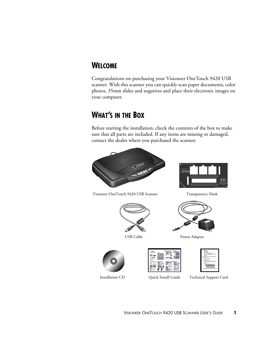Welcome, What’s in the box, Welcome what’s in the box | Elcome | Visioneer One Touch 9420 User Manual | Page 8 / 154