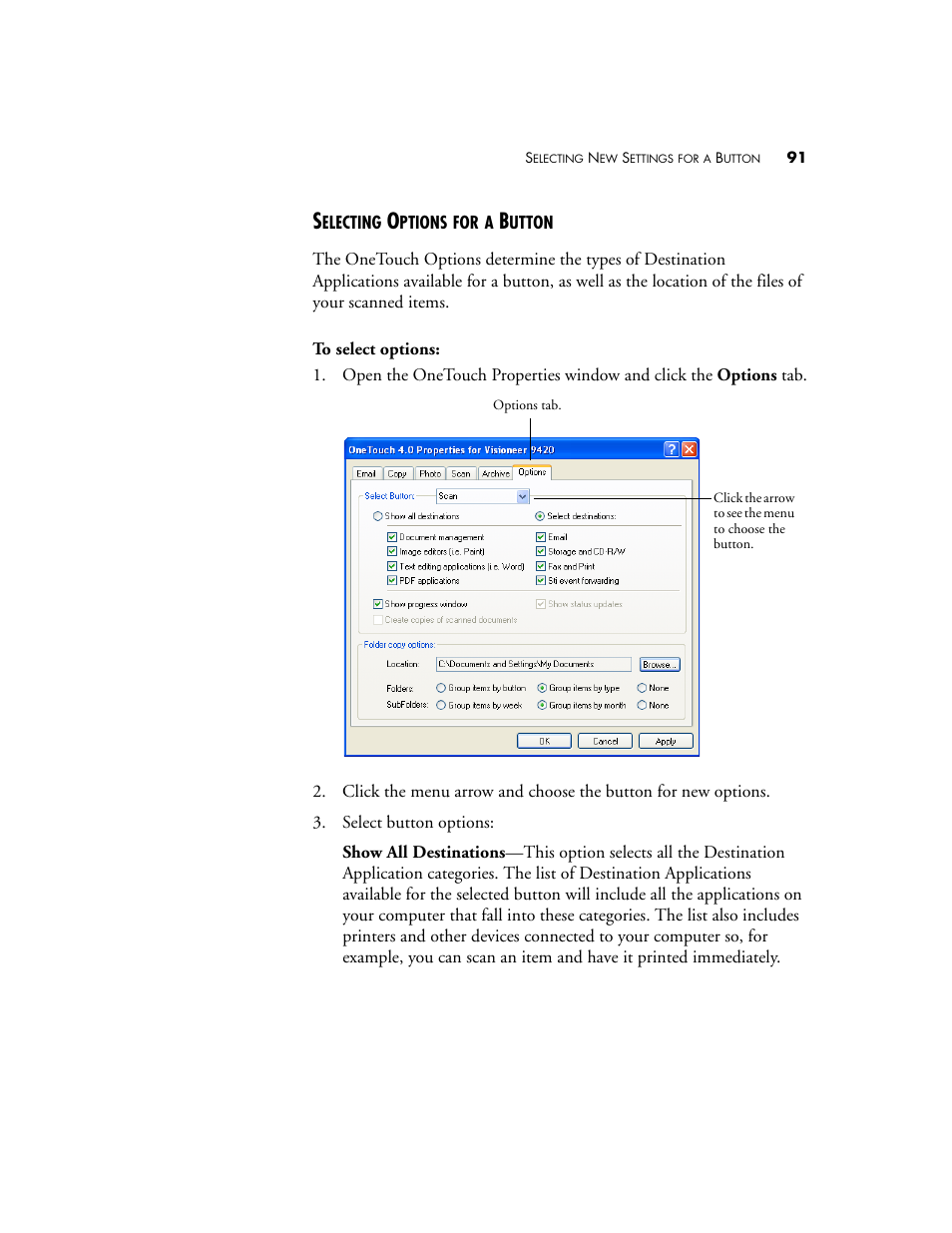 Selecting options for a button | Visioneer One Touch 9420 User Manual | Page 98 / 154