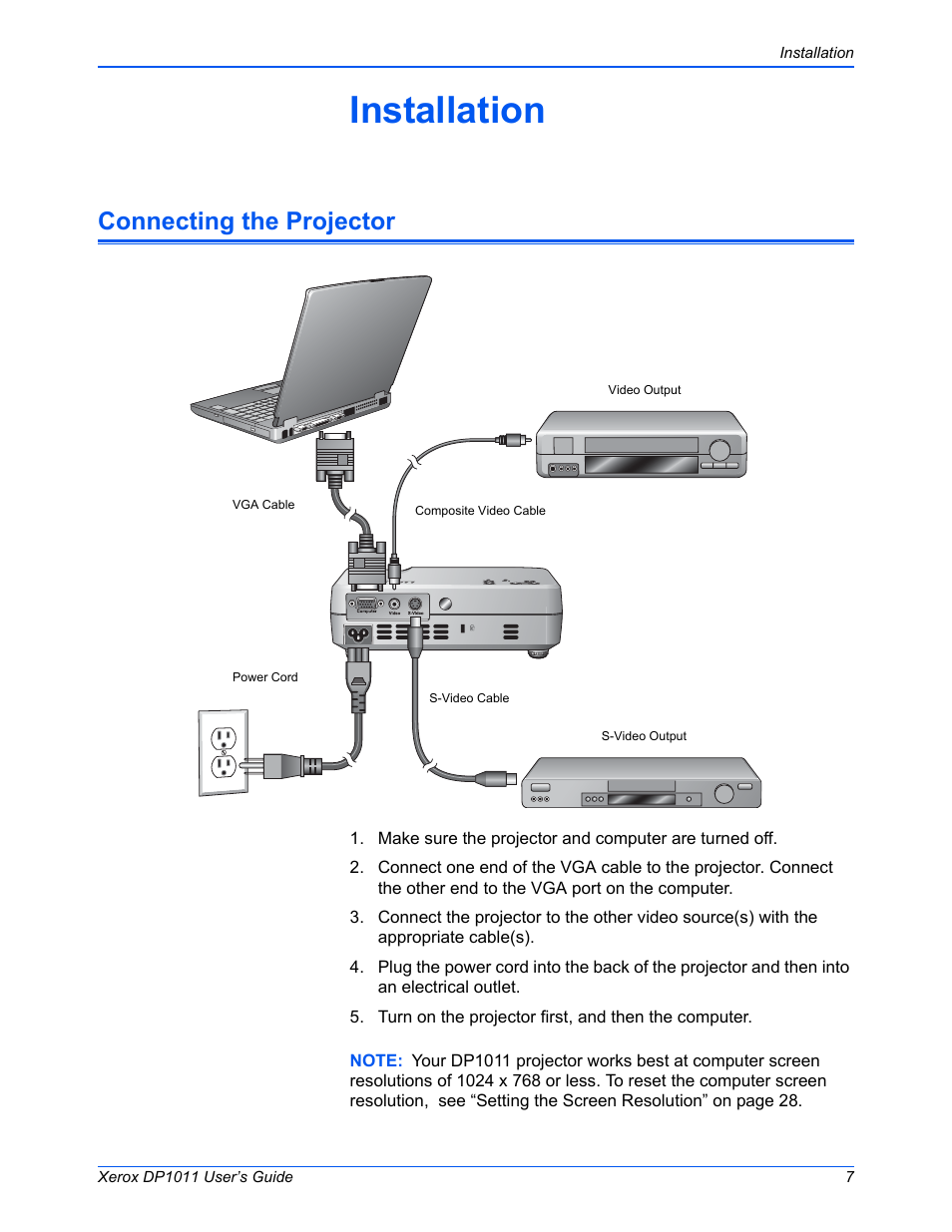 Installation, Connecting the projector | Visioneer DP1011 User Manual | Page 12 / 36